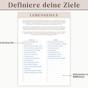 May include: A printable worksheet with the title "Definiere deine Ziele" (Define your goals) and "Lebensziele" (Life Goals) in German. The worksheet is divided into two columns, "Meine Ziele" (My Goals) and "Warum" (Why). The worksheet is designed to help people set and achieve their goals.