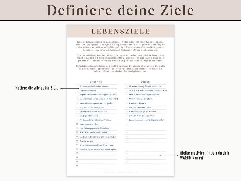 May include: A printable worksheet with the title "Definiere deine Ziele" (Define your goals) and "Lebensziele" (Life Goals) in German. The worksheet is divided into two columns, "Meine Ziele" (My Goals) and "Warum" (Why). The worksheet is designed to help people set and achieve their goals.