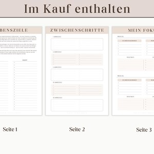 May include: A printable planner with three pages. The first page is titled "Lebensziele" and has two columns for "Meine Ziele" and "Massnahmen". The second page is titled "Zwischenschritte" and has five sections for "1. Zwischenschritte", "2. Zwischenschritte", "3. Zwischenschritte", "4. Zwischenschritte", and "5. Zwischenschritte". The third page is titled "Mein Fokus" and has two columns for "Meine Ziele" and "Meine Massnahmen".