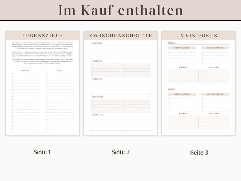 May include: A printable planner with three pages. The first page is titled "Lebensziele" and has two columns for "Meine Ziele" and "Massnahmen". The second page is titled "Zwischenschritte" and has five sections for "1. Zwischenschritte", "2. Zwischenschritte", "3. Zwischenschritte", "4. Zwischenschritte", and "5. Zwischenschritte". The third page is titled "Mein Fokus" and has two columns for "Meine Ziele" and "Meine Massnahmen".