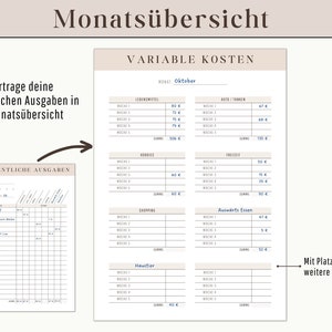 May include: A beige and white monthly expense tracker titled "Monats&uuml;bersicht". It features sections for weekly expenses, including groceries, hobbies, and leisure. The text is in German, with measurements in Euros.