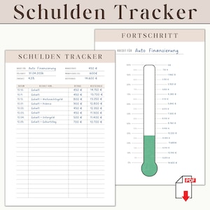 Puede incluir: Una hoja de cálculo imprimible de seguimiento de deudas con un termómetro de progreso. La hoja de cálculo se titula "Schulden Tracker" e incluye una sección para realizar un seguimiento de los pagos de deudas para "Auto Finanzierung". La barra de progreso muestra una sección verde que indica el progreso hacia el pago de la deuda.