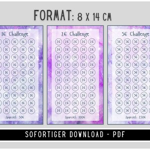 May include: Three printable charts with a galaxy background in shades of purple and pink. Each chart has a different coin amount: 1&euro;, 2&euro;, and 5&euro;. The charts are labelled with the coin amount and the total amount that can be saved. The charts are 8 x 14 cm.
