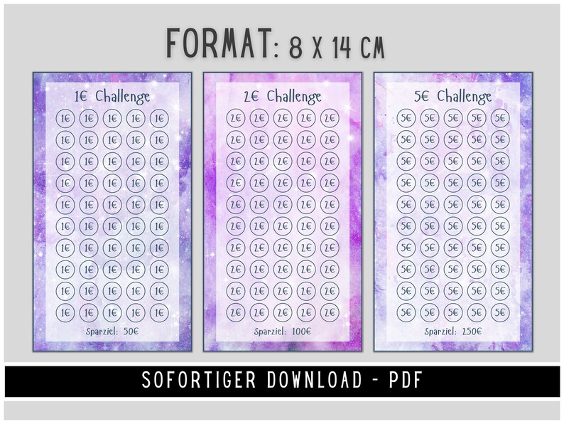 May include: Three printable charts with a galaxy background in shades of purple and pink. Each chart has a different coin amount: 1&euro;, 2&euro;, and 5&euro;. The charts are labelled with the coin amount and the total amount that can be saved. The charts are 8 x 14 cm.