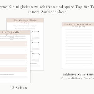 May include: A set of three beige and white journal pages with handwritten text and prompts. The pages include space for notes, photo placement, and a lined page for thoughts. The text includes the phrase "A Day Full of Gratitude."