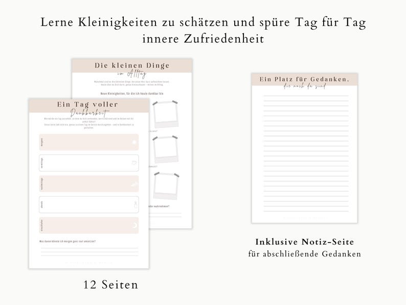 May include: A set of three beige and white journal pages with handwritten text and prompts. The pages include space for notes, photo placement, and a lined page for thoughts. The text includes the phrase "A Day Full of Gratitude."