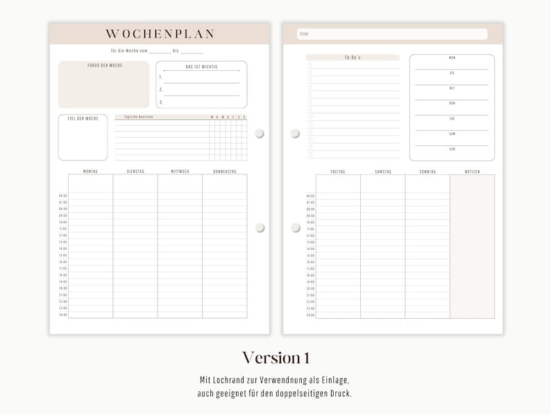 Plan semanal PDF para imprimir | Resumen semanal sin fecha como planificador para carpetas de anillas | Semana en 2 páginas como DESCARGA digital imagen 3