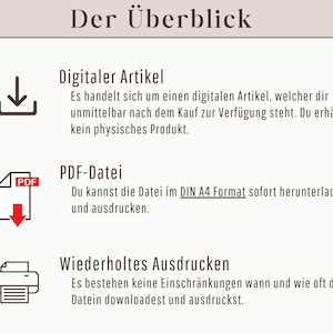 May include: A cream-colored graphic with German text, including "Der &Uuml;berblick" at the top. The image details digital product information, PDF file availability, and unlimited printing. Icons of a download arrow, PDF file, and printer are included.