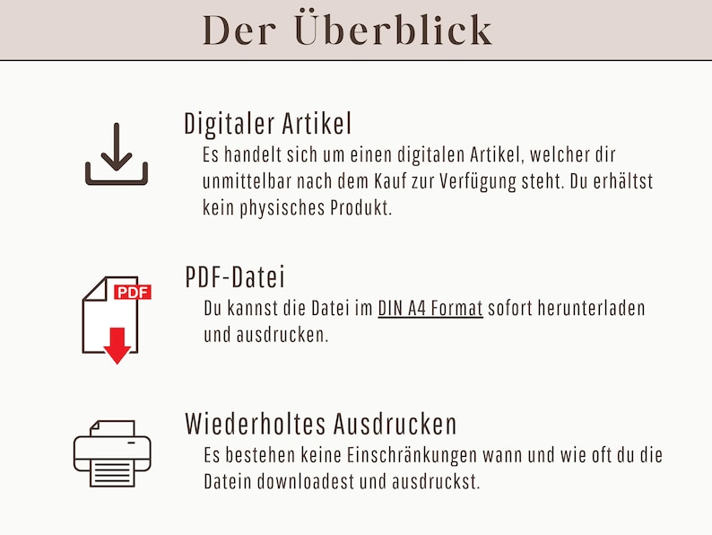 May include: A cream-colored graphic with German text, including "Der &Uuml;berblick" at the top. The image details digital product information, PDF file availability, and unlimited printing. Icons of a download arrow, PDF file, and printer are included.