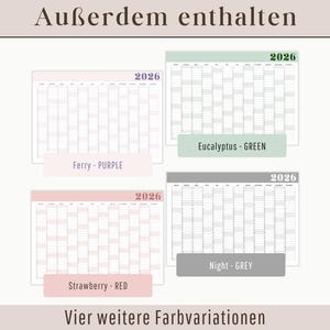 May include: A collection of four 2026 yearly calendars in various color schemes: purple, green, red, and gray. Each calendar features a grid layout with the year displayed at the top. The image also includes German text.