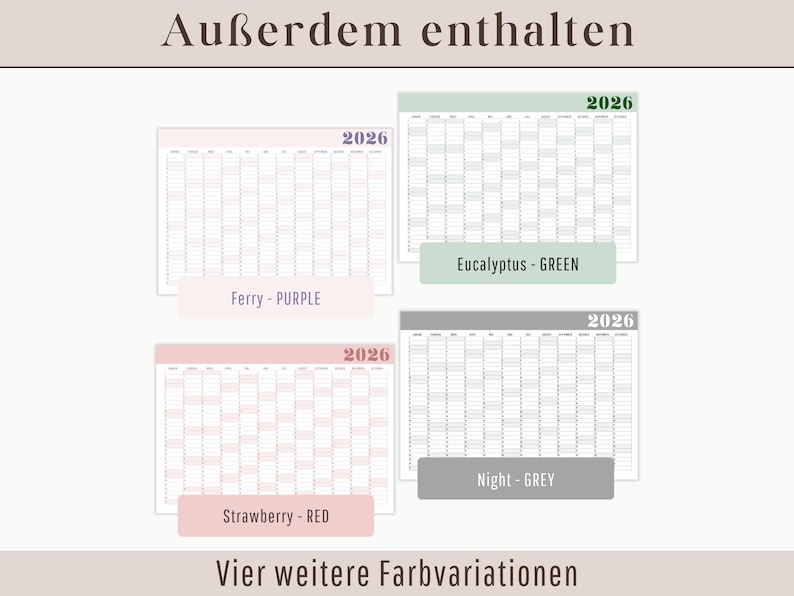 May include: A collection of four 2026 yearly calendars in various color schemes: purple, green, red, and gray. Each calendar features a grid layout with the year displayed at the top. The image also includes German text.