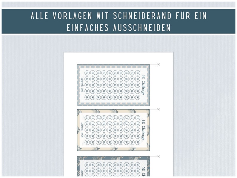 May include: Three printable 1 euro, 2 euro, and 5 euro challenge grids with a light blue and white polka dot pattern. The grids are labeled "1&euro; Challenge", "2&euro; Challenge", and "5&euro; Challenge".