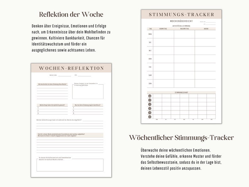 May include: A printable worksheet for tracking weekly mood and reflecting on the week. The worksheet includes sections for noting activities, emotions, and reflections on the week. The worksheet is designed to help users track their mood and identify patterns in their emotions.