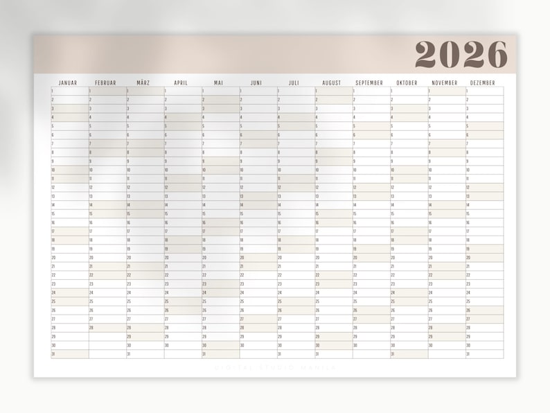 May include: A yearly wall calendar for 2026, featuring a neutral color scheme. The calendar is organized with monthly columns and daily rows, providing a clear and organized layout for scheduling and planning. The year 2026 is displayed at the top.