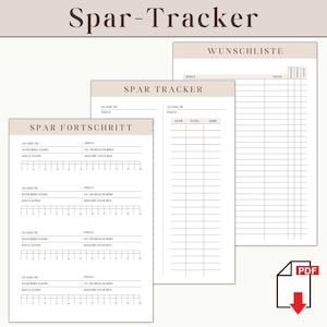 Könnte beinhalten: Ein druckbarer Spar-Tracker mit drei Abschnitten: Spar Fortschritt, Spar Tracker und Wunschliste. Der Abschnitt Spar Fortschritt verfügt über eine Fortschrittsleiste zur Verfolgung von Sparzielen. Der Abschnitt Spar Tracker verfügt über Spalten für Datum, Betrag und Summe. Der Abschnitt Wunschliste verfügt über Spalten für Wünsche, Notizen und Preis.