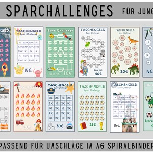 Könnte beinhalten: Zwölf bunte, druckbare Charts mit einem Spar-Challenge-Thema für Jungen. Jedes Chart zeigt ein anderes Design und einen Sparzielbetrag. Die Charts sind so konzipiert, dass sie in A6-Spiralordner passen.