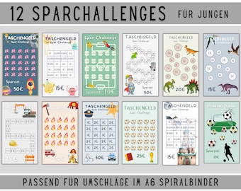 12 Spar Challenges passend für Budgetbuch Jungen | digitaler DOWNLOAD | Sparbinder A6 Zipper Budgeting Methode im Set | deutsch Kleingeld