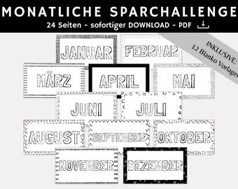 Monatliche Sparchallenge  2023 Budgetbuch | digitaler DOWNLOAD | Sparbinder A6 Zipper im Set als Spiel für Kinder| deutsch Kleingeld