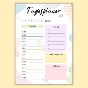 May include: A printable daily planner with a colorful abstract design. The planner includes sections for appointments, to-do lists, daily goals, and notes. The days of the week are listed in German: Mo, Di, Mi, Do, Fr, Sa, So.