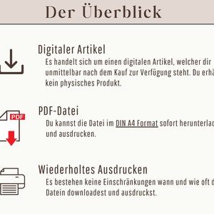 May include: A graphic with the title "Der &Uuml;berblick" in German. It explains that a digital item is available immediately after purchase and that a PDF file can be downloaded in DIN A4 format. It also states that there are no restrictions on how many times the file can be downloaded and printed.