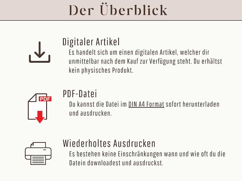May include: A graphic with the title "Der &Uuml;berblick" in German. It explains that a digital item is available immediately after purchase and that a PDF file can be downloaded in DIN A4 format. It also states that there are no restrictions on how many times the file can be downloaded and printed.