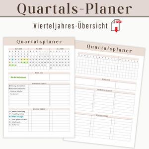 Puede incluir: Un planificador trimestral imprimible con un calendario para abril, mayo y junio. El planificador incluye secciones para objetivos mensuales, fechas importantes y próximos pasos.