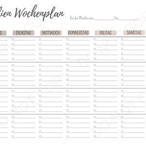 May include: A black and white printable weekly planner with the title "Familien Wochenplan" and the text "f&uuml;r die Woche vom" and "bis". The planner is divided into seven columns for each day of the week: Monday, Tuesday, Wednesday, Thursday, Friday, Saturday, and Sunday. Each column has 10 rows for writing tasks or appointments.