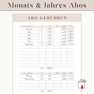 Puede incluir: Un rastreador de suscripciones mensuales y anuales imprimible con una tabla para registrar el nombre de la suscripción, la fecha, el precio, la fecha de inicio y la fecha de finalización. La tabla está etiquetada como "Abo-Gebühren", que se traduce como "Tarifas de suscripción".