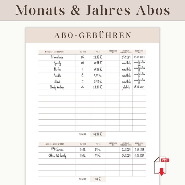 Abonnement Gebühren Tracker | Abo Tracker Einlage Budget Planer deutsch | Monats Jahres Abo Übersicht für Budget Binder | Goodnotes Template