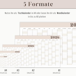 May include: A collection of 2026 yearly calendars in various sizes, from A4 (297x210 mm) to A0 (1189x841 mm). The calendars are beige with a simple layout, displaying months and days. Text at the top reads "5 Formats."