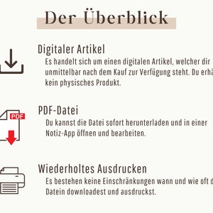 Op de afbeelding: Een afbeelding met het Duitse woord "Der &Uuml;berblick" bovenaan. De afbeelding legt uit dat een digitaal item direct na aankoop beschikbaar is om te downloaden. De afbeelding legt ook uit dat een PDF-bestand kan worden gedownload en geopend in een notitie-app. De afbeelding legt ook uit dat er geen beperkingen zijn op het aantal keren dat een bestand kan worden gedownload en afgedrukt.