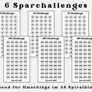 May include: Six black and white printable charts for a coin saving challenge. Each chart has a different coin denomination: 1 cent, 2 cents, 5 cents, 10 cents, 20 cents, and 50 cents. The charts are labeled with the coin denomination and the total amount of money that can be saved. The charts are designed to fit into an A6 spiral binder.