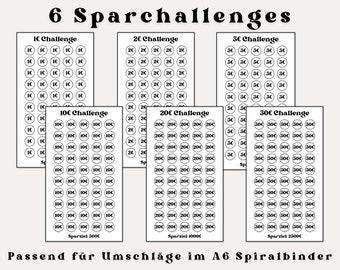 6 Spar Challenges Budgetbuch minimalistisch Retro | digitaler DOWNLOAD | Sparbinder A6 Zipper Budgeting Methode im Set | deutsch Kleingeld