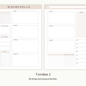 Op de afbeelding: Een weekplanner met een kalenderrooster, een takenlijst en ruimte voor notities. De planner is ontworpen voor een week tegelijk en bevat secties voor maandag tot en met zondag. De tekst "WOCHENPLAN" staat bovenaan de pagina.