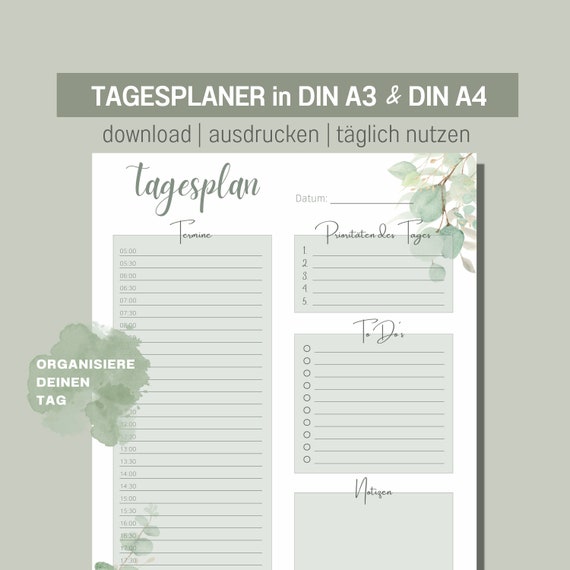 Agenda journalier DIN A3 et A4 bureau à domicile Liste de tâches  TÉLÉCHARGEMENT NUMÉRIQUE sous-main eucalyptus doux vert argenté -   France