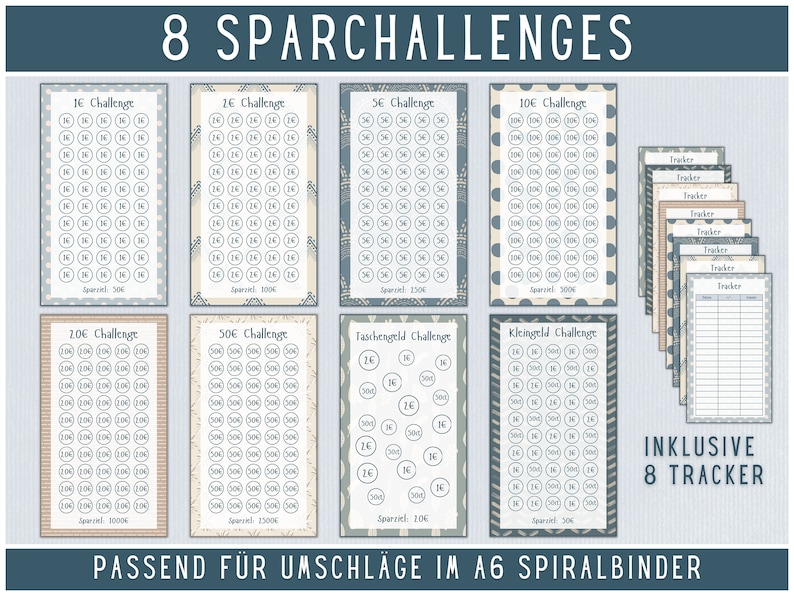 May include: Eight printable saving challenge charts with different coin denominations, including 16 cents, 50 cents, 1 euro, 10 euros, 5 euros, 2 euros, 1 euro, and 16 cents. The charts are designed to fit A6 spiral binders. The image also includes eight printable tracker sheets.