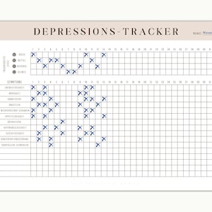 May include: A printable depression tracker with a grid for tracking symptoms and mood levels. The tracker includes a section for recording symptoms such as anxiety, insomnia, and appetite changes. The tracker is designed for use in November.