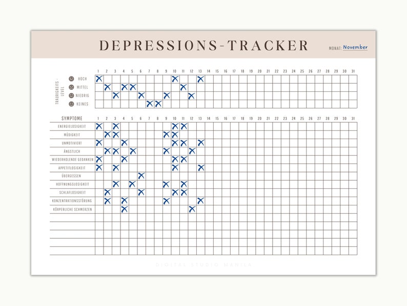May include: A printable depression tracker with a grid for tracking symptoms and mood levels. The tracker includes a section for recording symptoms such as anxiety, insomnia, and appetite changes. The tracker is designed for use in November.