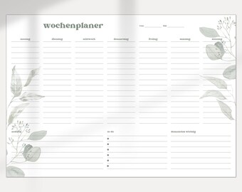 Wochenplaner DIN A3 und A4 | To-Do Liste für Familie auf deutsch 2023 | digital DOWNLOAD PDF | sanftes silbergrün Eukalyptus | minimal