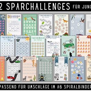 Könnte beinhalten: Eine Sammlung von 22 Spar-Challenge-Karten mit verschiedenen Themen, darunter Sport, Tiere und Fahrzeuge. Jede Karte hat ein anderes Design und Sparziel, mit Text auf Deutsch. Die Karten sind für A6-Spiralordner geeignet.