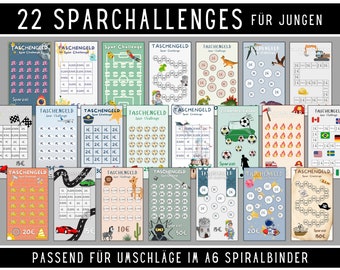 Sparchallenge A6 digitaler DOWNLOAD 2023 | Cash Stuffing für Jungen Budgetbuch | Zipper Budgeting Umschlagmethode im Set | deutsch Kleingeld