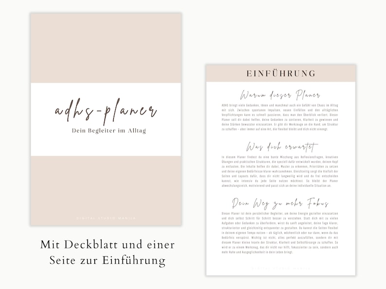 May include: A planner with a beige cover and a white band with the text "adhs-planer Dein Begleiter im Alltag" in a handwritten font. The image also shows an introduction page with text in German.