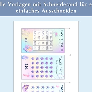 May include: Three printable templates for a savings challenge. The templates feature a mermaid theme with pastel colors and a variety of coins. The first template is for saving 15 dollars, the second is for saving 25 dollars, and the third is for saving an unspecified amount. The templates are designed to be cut out and used as a visual aid for saving money.