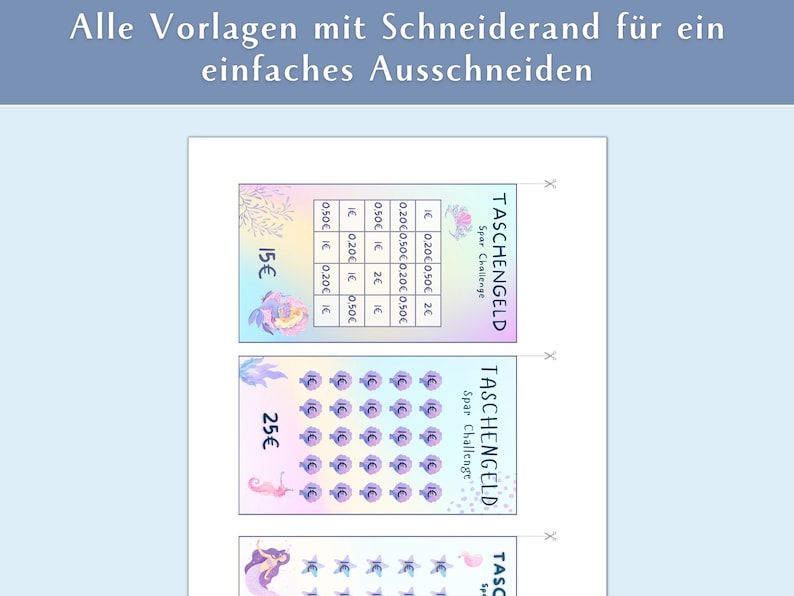May include: Three printable templates for a savings challenge. The templates feature a mermaid theme with pastel colors and a variety of coins. The first template is for saving 15 dollars, the second is for saving 25 dollars, and the third is for saving an unspecified amount. The templates are designed to be cut out and used as a visual aid for saving money.