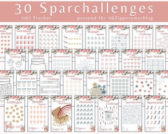 Sparchallenge Set A6 deutsch als digitaler DOWNLOAD Budgetbuch Set | Sparspiele Kinder Sparbinder Cash Stuffing | Budget Planer Kleingeld