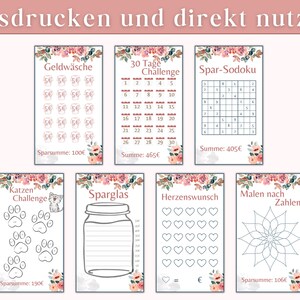 Op de afbeelding: Printbare set van 7 kleurrijke, bloemige spaartabellen met titels zoals "Geldw&auml;sche", "30 Tage Challenge", "Spar-Sodoku", "Katzen Challenge", "Sparglas", "Herzenswunsch" en "Malen nach Zahlen". Elke tabel heeft een spaardoel en een plek om de voortgang bij te houden.