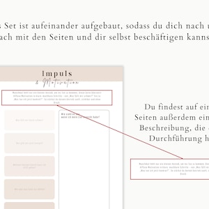 May include: A beige and white journal with the title "Impuls & Motivation" is displayed. The journal has prompts and space for writing. Text in German is visible, including instructions and descriptions.