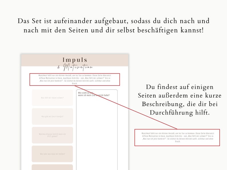 May include: A beige and white journal with the title "Impuls & Motivation" is displayed. The journal has prompts and space for writing. Text in German is visible, including instructions and descriptions.