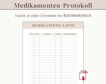 Modèle de suivi des effets secondaires des médicaments à imprimer en allemand | Durée du plan de médicaments aperçu quotidien | Liste des journaux de symptômes
