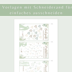 Pu&ograve; includere: Tre carte da gioco per matrimoni stampabili con un design floreale verde e bianco. Le carte presentano una silhouette di una coppia con cuori, soffioni e stelle. Il testo sulle carte recita "Hochzeits Sparchallenge", "Pusteblume Sparchallenge" e "Sternenhimmel Sparchallenge".